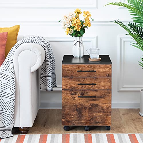 HOOBRO 3-Drawer File Cabinet, Wooden Under Desk Filing Cabinet, fits A4/Letter Size for Home Office, Small Rolling Storage Drawer Chest, Printer Stand with Drawers, Rustic Brown and Black BF02WJ01G1