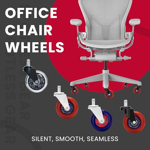 SPOTLESS GEAR Roller blade Office Chair Wheels for Gaming Chair, 3 inch Replacement Rubber Casters for Hardwood Floors & Carpet, Ultra Smooth & Quiet Heavy Duty Desk Chair Wheels, Set of 5 (Red Blaze)