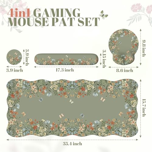 iCasso Desk Mat Set,Large Mouse Pad with Wrist Rest,Ergonomic Keyboard Wrist Support for Women,Girly Floral Computer Mat with Scalloped Edges,Non-Slip Desk Pad Home Office Gaming (Green)