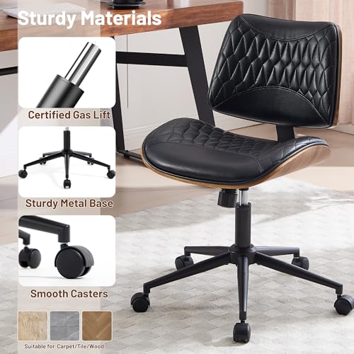 KBEJDBS Walnut Bentwood Mid Back Armless Office Chair 1 Pack, Adjustable Height PU Leather Swivel Desk Chair with Wheels, Rolling Computer Task Chair for Home Office, Study, Meeting Room