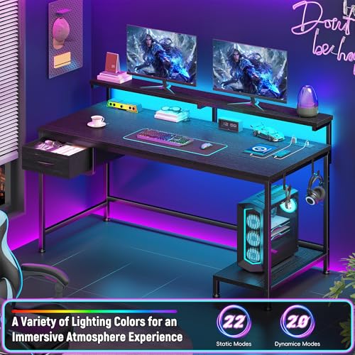 DurayLoly 39.3" Gaming Desk with Power Outlet and LED Lights,Computer Desk with Adjutable Monitor Stand and Drawer,Office Desk with CPU Stand for Home Work,Study and Gaming, Small Spaces,Black