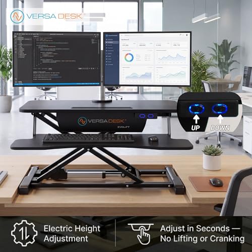 VERSADESK EvoLift 32" Electric Standing Desk Converter, Sit to Stand Motorized Desk Riser, 1-Button Easy Lift, Dual Monitor Workstation, Wide Keyboard Tray, Built-in Device Stand, Black