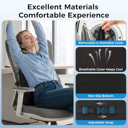 TISHIJIE Lumbar Support Pillow for Car & Office Chair - High-Density Memory Foam Back Cushion for Sciatica & Lower Back Pain Relief - Non-Slip Support for Long Commutes & Desk Workers (Black)