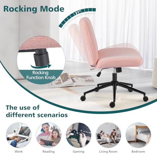 OLIXIS Criss Cross Chair with Wheels Wide Cross Legged Office Desk Vanity Chair Comfy Fabric Armless Adjustable Swivel for Home Computer Task Teddy Pink