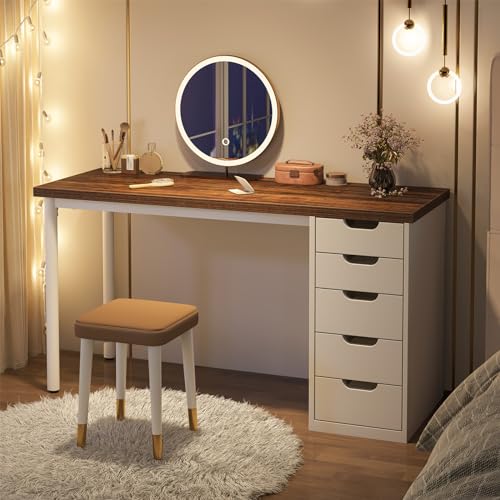 Tribesigns Computer Desk with 5 Drawers, 47 inches Rustic Brown Home Office Desk with Storage, Modern Simple Laptop Desk Study Writing Table for Small Spaces (1, Brown+White)