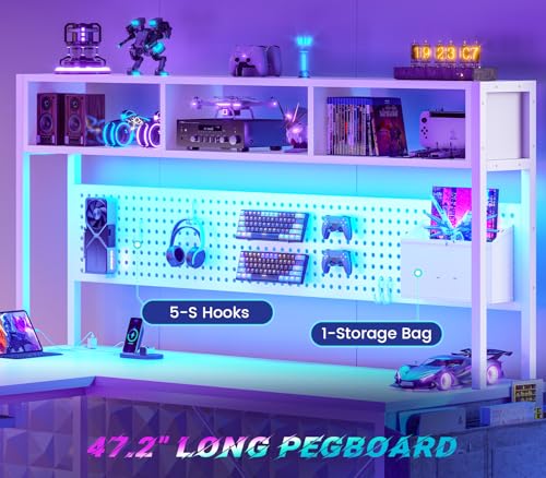 SEDETA White L Shaped Gaming Desk, Reversible Corner With Power Outlet and Pegboard, Hutch, Storage Shelf, Keyboard Tray, and LED Lights for Home Office