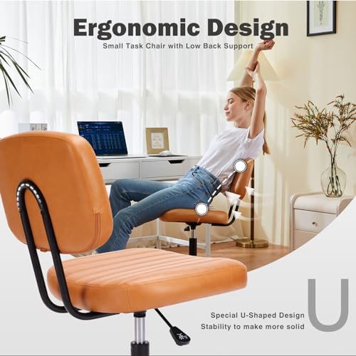 DUMOS Armless Home Office Executive Chair - Small Desk Chair with Low Back Lumbar Support, Height Adjustable PU Leather Computer Task Chair with 360° Swivel Wheels, for Adults, Brown