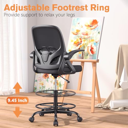 ORRSAKER Drafting Chair, Tall Office Chair with Flip-up Arms, Mesh Ergonomic Computer Standing Desk Chair with Adjustable Height Foot Ring and Lumbar Support, 300 LBS Capacity, Black
