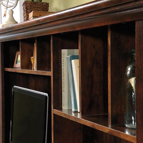 Sauder Harbor View Home Office Computer Desk with Hutch, Keyboard Tray, in Curado Cherry finish