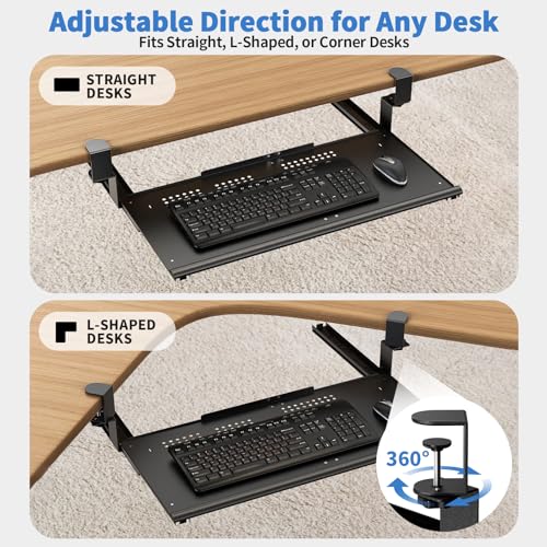 Strifuture Keyboard Tray Under Desk - Full Metal Slide Out Holder, Rust-Resistant & Scratch-Proof, Double C-Clamps, 26x13" Tray for L Shape/Regular Desks, Standing/Sitting Workstation(Black-B)