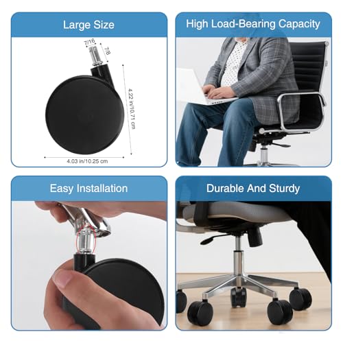 5 Pcs 4'' Extra Large Chair Wheels for Carpet, Large Office Chair Wheels, Heavy Duty Office Twin Chair Casters Replacement 7/16 x 7/8 Grip Ring for Furniture Hardwood Floor Computer Desks