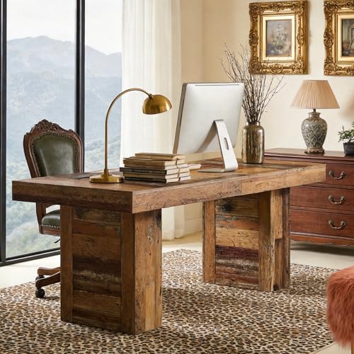 Tribesigns 63" Large Executive Desk, Farmhouse Computer Office Desk Wooden Writing Table Rustic Rectangle Business Workspace Table for Home Office, Distressd Rustic Brown