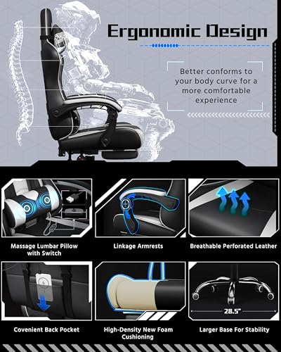 Yaheetech Gaming Chair with Electric Massage Lumbar Support, Footrest & Headrest — Ergonomic High Back Recliner for Home Office, Computer Desk Chair, Height Adjustable, 300 lbs, Black/White