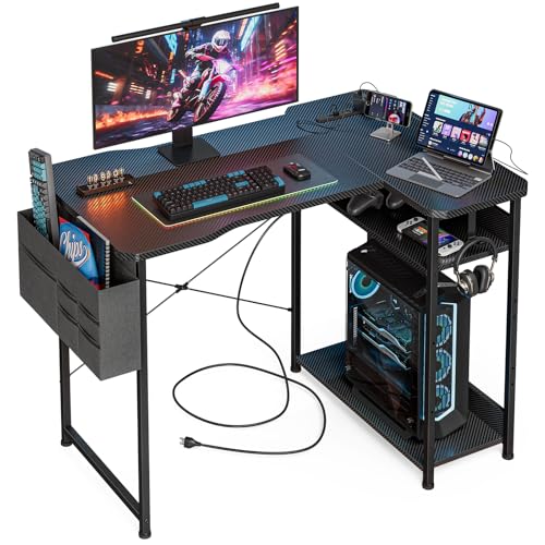 Acrolix L Shaped Gaming Desk 40 Inch - Computer Corner Desk with Power Outlets, Reversible Shelves & Storage Bag for Home Office, PC Gaming Table, Black Carbon