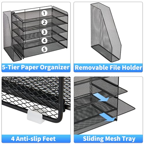 OPNICE Desk Organizers and Accessories, 5-Tier Paper Organizer Letter Tray with Magazine Holder, Office Desk Accessories & Workspace Organizers, Desktop File Organizer for Office Supplies, Black