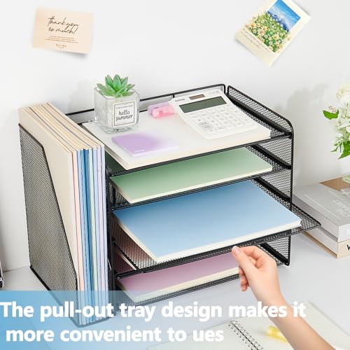 OPNICE Desk Organizers and Accessories, 5-Tier Paper Organizer Letter Tray with Magazine Holder, Office Desk Accessories & Workspace Organizers, Desktop File Organizer for Office Supplies, Black