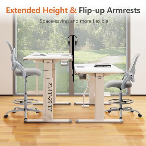 Sweetcrispy Tall Drafting Office Desk Chair - Ergonomic High Stool Computer Chair with Adjustable Height and Comfy Lumbar Support, Rolling Counter Height with Flip-up Arm and Footrest, Grey
