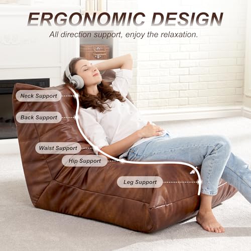 Hobestluk Giant Bean Bag Chair Lazy Floor Sofa, Memory Foam Fireside Sofa for Adults, Big Beanbag Faux Leather Armless Chair for Living Room Bedroom Dorm Office (Brown, Single)