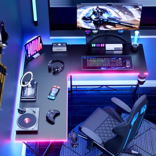 Mr IRONSTONE Gaming Desk with LED Lights, L Shaped Desk Corner with Cup Holder & Headphone Hook, Computer Desk Home Office Desks with Large Monitor Stand, Carbon Fiber Surface, Black 51 Inch