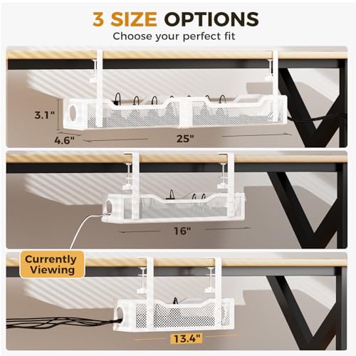 Under Desk Cable Management Tray White, Cinati Wire Organizers No Drill, Cable Tray with Clamp for Wire Management, Cord Organization Box for Office, Home - No Damage to Desk