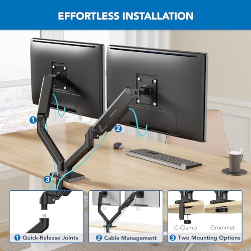 Mount-It! Dual Monitor Mount, Full Motion Spring Arms, Fits 17–32″ Screens up to 19.8 lbs Each, VESA 75x75 & 100x100, Tilt/Swivel/Rotate, Clamp or Grommet Dual Monitor Desk Mount