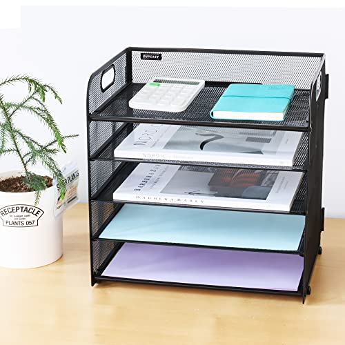 Supeasy 5 Trays Paper Organizer Letter Tray with Handle-Mesh Desk File Holders, Paper Sorter Desk Organizer for Office, Home, Classroom or School