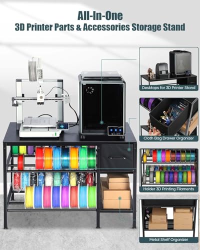 3D Printer Table with Filaments Storage - 3D Printer Stand Filament Storage Rack Heavy Duty 3D Print Desk with Drawer for Workshop Studio Office (Black)
