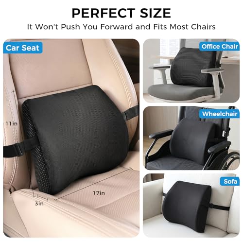TISHIJIE Lumbar Support Pillow for Car & Office Chair - High-Density Memory Foam Back Cushion for Sciatica & Lower Back Pain Relief - Non-Slip Support for Long Commutes & Desk Workers (Black)