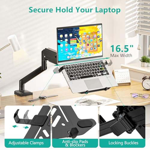 WALI Single Arm Laptop and Monitor Desk Mount for 17" Notebook and Up to 32" Screen, 2-in-1 Adjustable Monitor Arm with Laptop Tray, VESA 75x75 100x100,Holds 22-26.4 lbs, Black (GSMP001NLP)