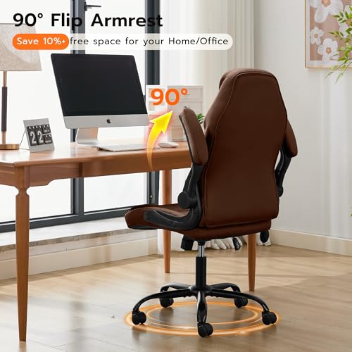 Ylzyxal Office Desk Chair, Ergonomic Computer Chair with Padded Flip-Up Arms and Adjustable Lumbar Support, PU Leather Executive Chair with Tilt Lock and 360° Swivel Rolling Wheels for Work, Study