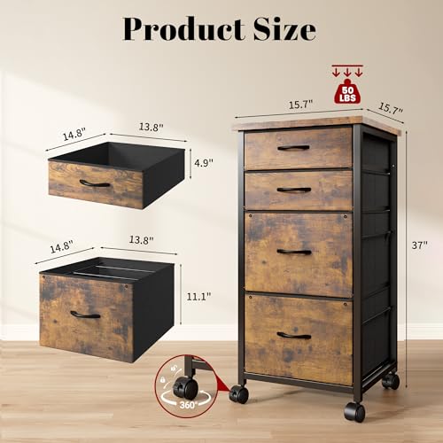 DurayLoly File Cabinet with 4 Fabric Drawers Rolling Printer Stand with Lockable Caster Fits A4/Letter/Legal Size, Home Office Storage, Rustic Brown