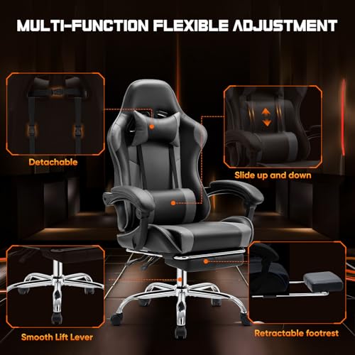 Sweetcrispy Video Game Desk Chair - Ergonomic Computer with Footrest and Comfy Lumbar Support, PU Leather Recliner with Headrest, Fixed Up Armrest, Height Adjustable with 360° Swivel, for Adults, Grey