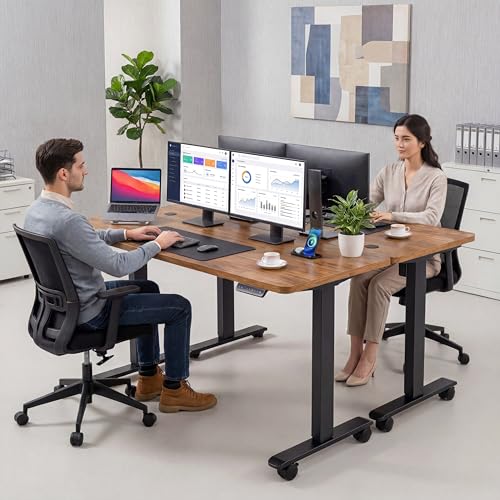 farexon Electric Standing Desk Adjustable Height, 71 x 28 Inch Sit Stand up Desk with Large Mouse Pad, Double Metal Hook,4 Wheels,4 Memory Preset Heights Home Office Computer Desk（Brown）