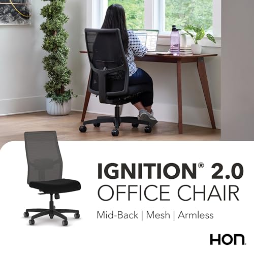HON Ignition 2.0 Mid‑Back Armless Ergonomic Office Chair with Lumbar Support, Standard Synchro‑Tilt, Adjustable Arms, Mesh Desk Chair for Home Office, Black Frame, Black
