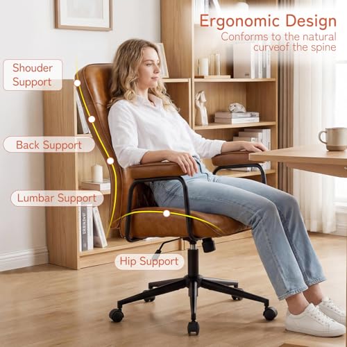 Furniliving Leather Office Chair, Comfy Home Office Desk Chair, Mid Century Modern Office Chair with Lumbar Support, Mid-Back Adjustable Swivel Computer Chair with Wheels and Arms, Brown