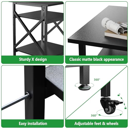 Ollieroo 3 Tier Printer Stand, Large Table with Wheels, Rolling Cart with Height Adjustable Middle Storage Shelf, 23.6 x 23.6 x 30.3 Inches Shelf for Home Office, Black