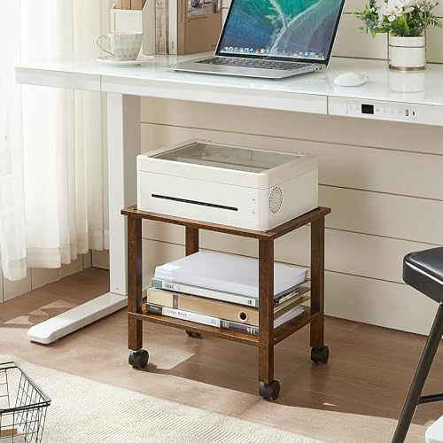 YUFAM 2 Tier Printer Stand with Storage,Under Desk Shelf Printer Table, Rolling Printer Cart for Office,Home,Brown