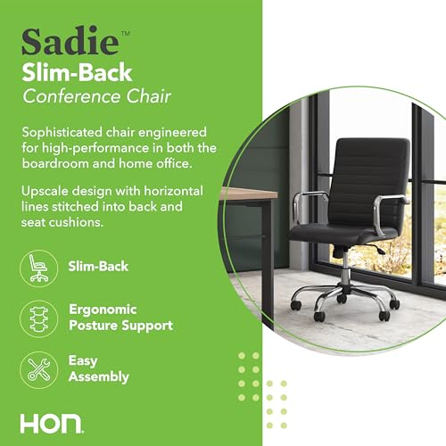 HON Sadie Executive Ergonomic Office Chair with Leather Upholstery, Chrome Arms and Back Support, Mid Back Desk and Computer Chair for Home Office or Conference Room, 360 Swivel, Black
