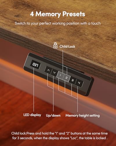 CubiCubi 48 x 24 Large One-Piece Standing Desk, Adjustable Height Electric Computer Home Office Sit Stand up Workstation, with 4 Memory Presets, Headphone Hook, Rustic Brown