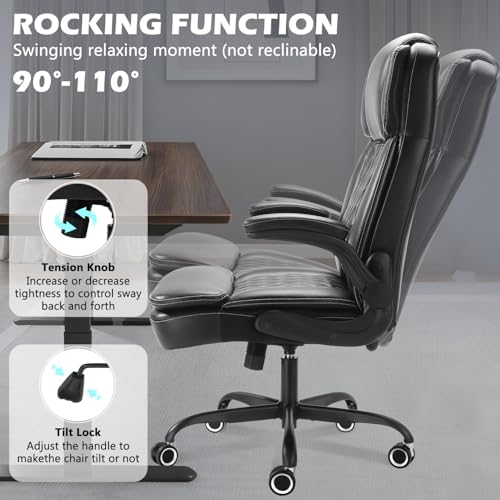 450LBS Big and Tall Executive Office Chair with Flip up Arm, Heavy Duty PU Leather Computer Desk Chair,Comfortable High Back Swivel Home Office Chair with Rolling for Adults,Spring Cushion,Metal Base