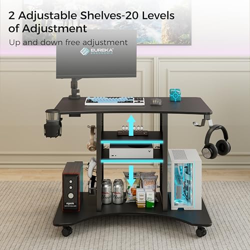 EUREKA ERGONOMIC Gaming Desk Computer, 37" Rolling Desk on Wheels for Small Space, Mobile Computer Cart with Pegboards Adjustable Shelves for Gaming PS Switch Home Office - Black