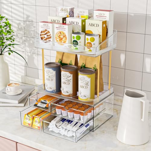 SNSLXH 4 Drawers Makeup Organizer - 4 Tier Makeup Storage, Cosmetics Organiser, Ideal for Cosmetic, with Drawers for Countertop, Bathroom, Office Supplies, Dresser Transparent Clear