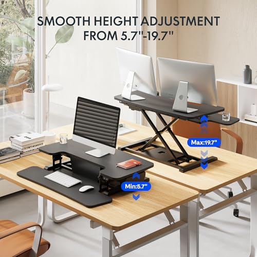 FLEXISPOT 35 inch Electric Standing Desk Converter, Motorized Stand up Desk Riser, Monitor and Laptop Workstation with Wide Keyboard Tray, Black