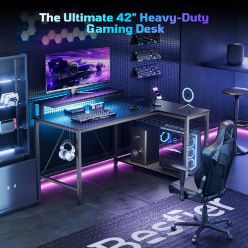 Bestier Gaming Desk with Power Outlets, 42" L-Shaped Computer Desk with LED Lights, Desk with Reversible Storage Shelves & Hooks for Small Spaces, Bedrooms & Offices, Black Carbon Fiber