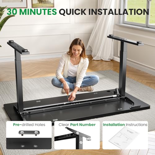 DeskShow Electric Standing Desk Adjustable - 60x28 Inch Sit Stand Desk with 1 Inch Thick Tabletop, Double Beam Frame, 3 Memory Height Adjustment, Cable Management for Home Office