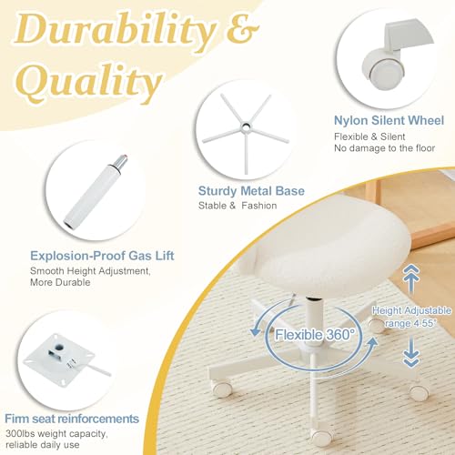 VINGLI Modern Vanity Chair with Back, Velvet Desk Chair for Girls, Small Office Chair with Silent Wheels， Stylish and Comfortable, White