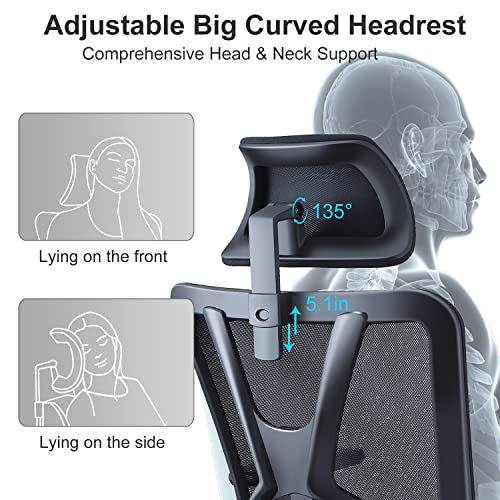 Ticova Ergonomic Office Chair - High Back Desk Chair with Adjustable Lumbar Support & 3D Armrest - 130°Reclining & Rocking Mesh ComputerChair with Thick Seat Cushion & Rotatable Headrest