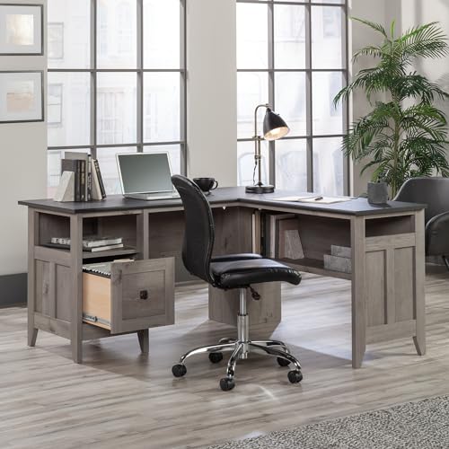 Sauder August Hill L-Shaped Home Office Desk, Farmhouse Corner Desk with File Drawer, Cable Management, Mystic Oak Finish