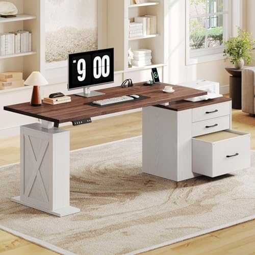 Homiflex 75.5'' Electric Standing Desk with Drawers, Farmhouse Height Adjustable Corner Desk, Sit Stand Office Desk with 4 AC Outlets & Type C Port, Executive Computer Desk, Brown & White