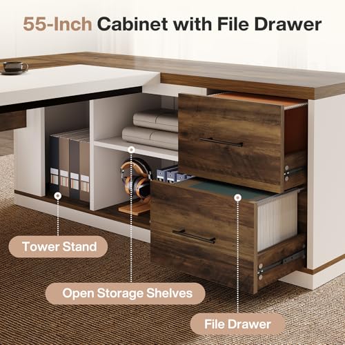 Tribesigns 78.7" L-Shaped Executive Desk, Modern Office Desk with 55.1" Storage Cabinet, Large Computer Table with Drawers, Business Furniture Workstation for Home Office, Brown & White